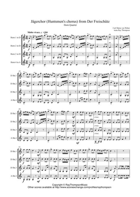 Weber: Jägerchor (Huntsmen's Chorus) From Der Freischütz For Horn Quartet (optional Tuba)